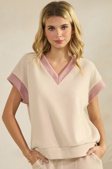 Soft Corduroy V Neck Two Tone Top
