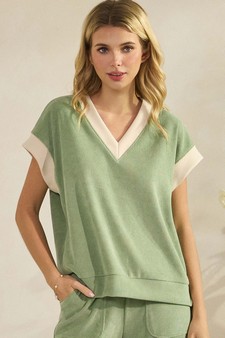 Soft Corduroy V Neck Two Tone Top