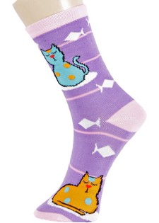(323AM002) 3 Single Pair Bundle Pack Lady's Cat Dreams Novelty Crew Socks style 3