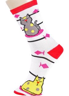 (323AM002) 3 Single Pair Bundle Pack Lady's Cat Dreams Novelty Crew Socks style 6