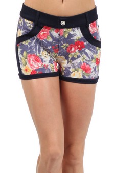 Lady's Rose Buds with Acid Wash Discharge Design and Rhinestone Pocket Embellishments Jegging Shorts style 4