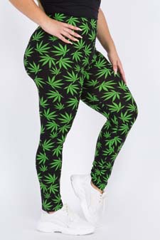 Women's High Rise Marijuana Leaf Print Peach Skin Leggings style 2