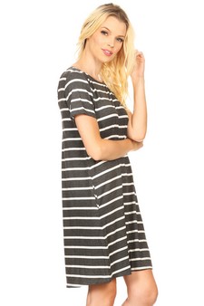 Striped Short Sleeve Tunic T-Shirt Dress w/ Pockets - style 3