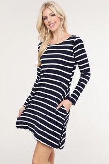 Women's Striped Long Sleeve Dress with back V-Drop and Pockets style 4