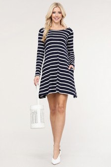 Women's Striped Long Sleeve Dress with back V-Drop and Pockets style 5