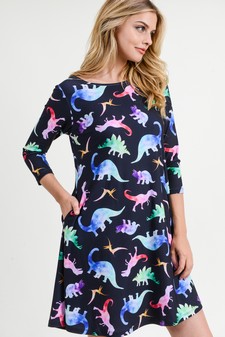 Women's Novelty Dinosaur Print A-Line Dress style 2