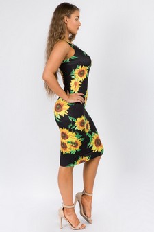 Women's Crew Neck Sunflower Bodycon Midi Dress (Medium only) style 2