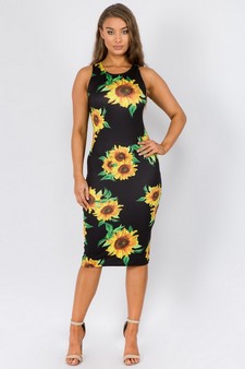 Women's Crew Neck Sunflower Bodycon Midi Dress (Medium only) style 4