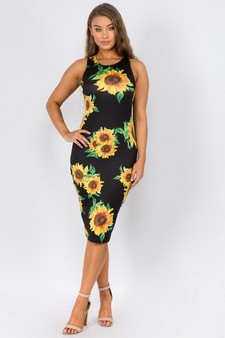 Women's Crew Neck Sunflower Bodycon Midi Dress (Medium only) style 5
