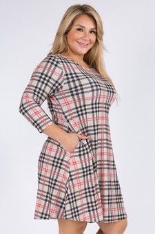 Women's Plaid 3/4 Sleeve A-Line Dress (XL only) style 3