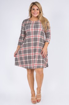 Women's Plaid 3/4 Sleeve A-Line Dress (XL only) style 4