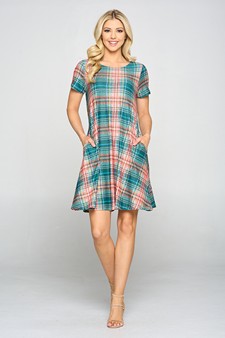 Women's Plaid Short Sleeve A-Line Dress style 5
