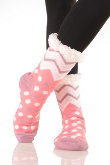 Women's Non-slip Faux Sherpa Chevron Polka-Dot Christmas Slipper Socks style 4