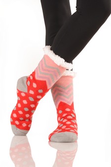 Women's Non-slip Faux Sherpa Chevron Polka-Dot Christmas Slipper Socks style 5