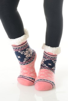 Girls Non-slip Faux Sherpa Winter Snowflake Pattern Slipper Socks style 6