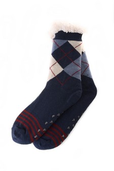 Men's Non-slip Faux Sherpa Lined Argyle Slipper Socks style 4