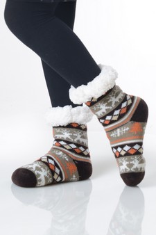 Kid's Non-slip Faux Sherpa Fair Isle Reindeer Slipper Socks style 11