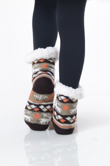Kid's Non-slip Faux Sherpa Fair Isle Reindeer Slipper Socks style 12