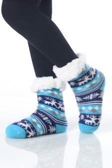 Kid's Non-slip Faux Sherpa Fair Isle Reindeer Slipper Socks style 13