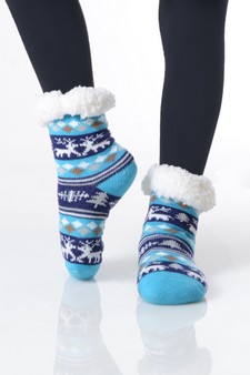 Kid's Non-slip Faux Sherpa Fair Isle Reindeer Slipper Socks style 14
