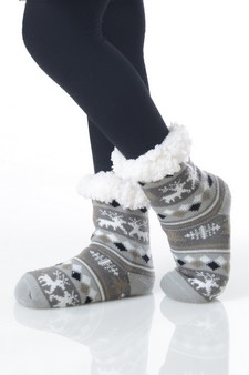 Kid's Non-slip Faux Sherpa Fair Isle Reindeer Slipper Socks style 16