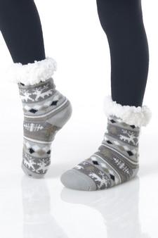 Kid's Non-slip Faux Sherpa Fair Isle Reindeer Slipper Socks style 17