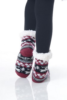 Kid's Non-slip Faux Sherpa Fair Isle Reindeer Slipper Socks style 3