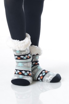 Kid's Non-slip Faux Sherpa Fair Isle Reindeer Slipper Socks style 4