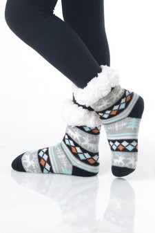 Kid's Non-slip Faux Sherpa Fair Isle Reindeer Slipper Socks style 5