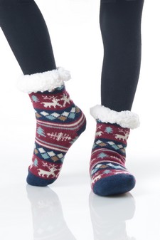 Kid's Non-slip Faux Sherpa Fair Isle Reindeer Slipper Socks style 7