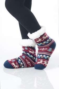 Kid's Non-slip Faux Sherpa Fair Isle Reindeer Slipper Socks style 8