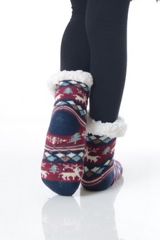 Kid's Non-slip Faux Sherpa Fair Isle Reindeer Slipper Socks style 9