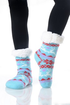 Kid's Non-slip Faux Sherpa Reindeer Fair Isle Slipper Socks style 10