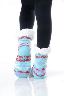 Kid's Non-slip Faux Sherpa Reindeer Fair Isle Slipper Socks style 11