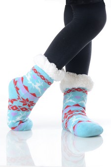 Kid's Non-slip Faux Sherpa Reindeer Fair Isle Slipper Socks style 12