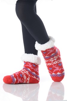 Kid's Non-slip Faux Sherpa Reindeer Fair Isle Slipper Socks style 13