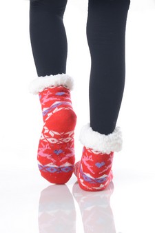 Kid's Non-slip Faux Sherpa Reindeer Fair Isle Slipper Socks style 14