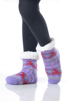 Kid's Non-slip Faux Sherpa Reindeer Fair Isle Slipper Socks style 16