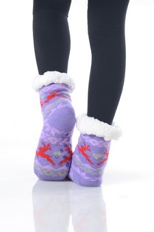 Kid's Non-slip Faux Sherpa Reindeer Fair Isle Slipper Socks style 17