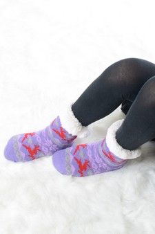 Kid's Non-slip Faux Sherpa Reindeer Fair Isle Slipper Socks style 19
