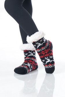 Kid's Non-slip Faux Sherpa Reindeer Fair Isle Slipper Socks style 2