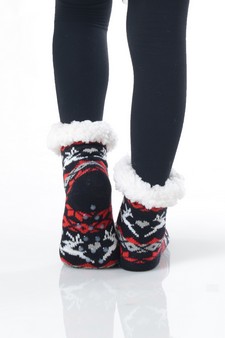 Kid's Non-slip Faux Sherpa Reindeer Fair Isle Slipper Socks style 3