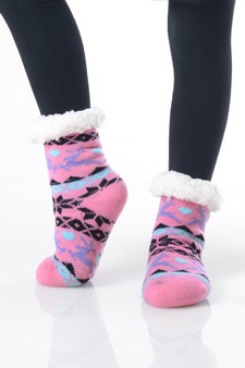 Kid's Non-slip Faux Sherpa Reindeer Fair Isle Slipper Socks style 4