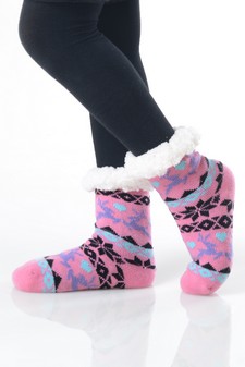 Kid's Non-slip Faux Sherpa Reindeer Fair Isle Slipper Socks style 5