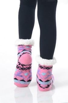 Kid's Non-slip Faux Sherpa Reindeer Fair Isle Slipper Socks style 6