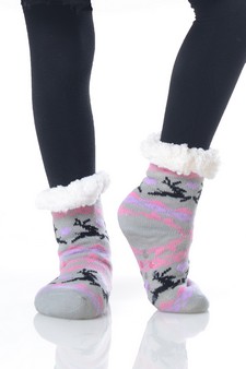 Kid's Non-slip Faux Sherpa Reindeer Fair Isle Slipper Socks style 7