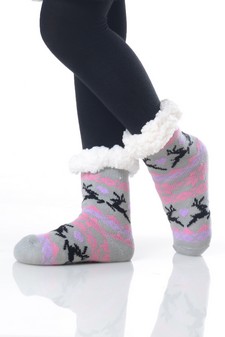 Kid's Non-slip Faux Sherpa Reindeer Fair Isle Slipper Socks style 8
