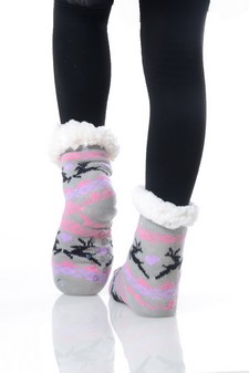 Kid's Non-slip Faux Sherpa Reindeer Fair Isle Slipper Socks style 9