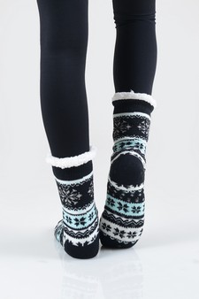 Women's Non-slip Faux Sherpa Snowflake Argyle Slipper Socks style 10