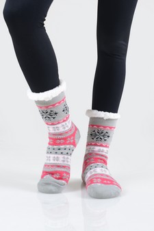 Women's Non-slip Faux Sherpa Snowflake Argyle Slipper Socks style 11